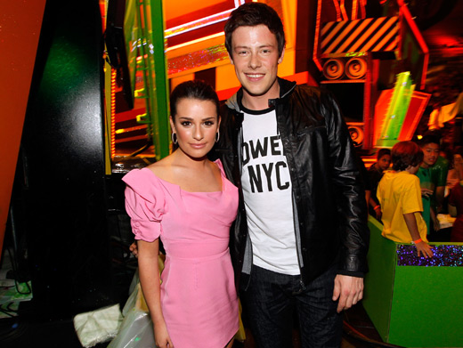 Lea Michele & Cory Monteith|Glamorous Glee stars Lea Michele and Cory Monteith stick together backstage at the 2010 Kids' Choice Awards.
