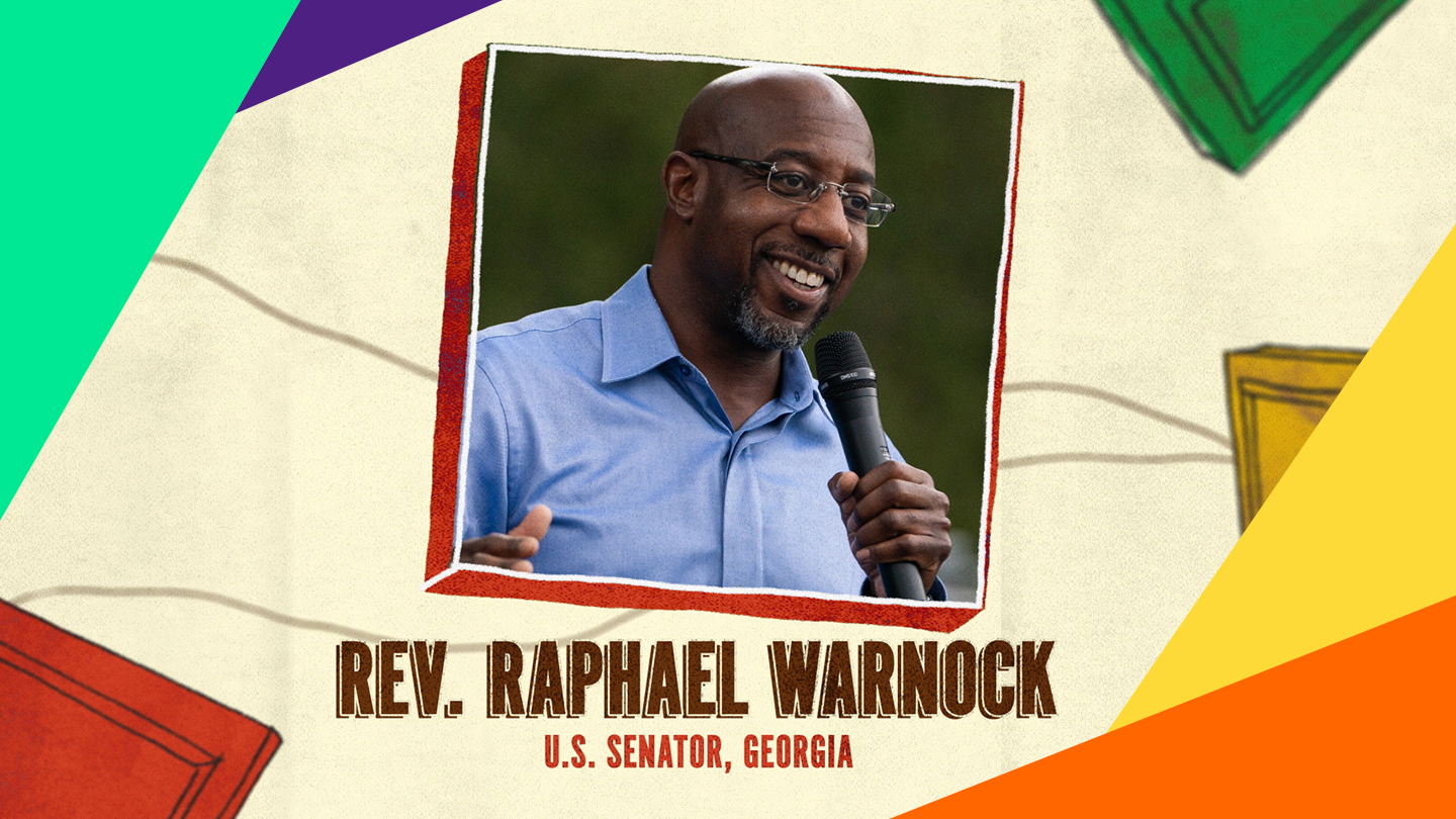 U.S. Senator, Reverend Raphael Warnock from Georgia, speaks into a microphone.