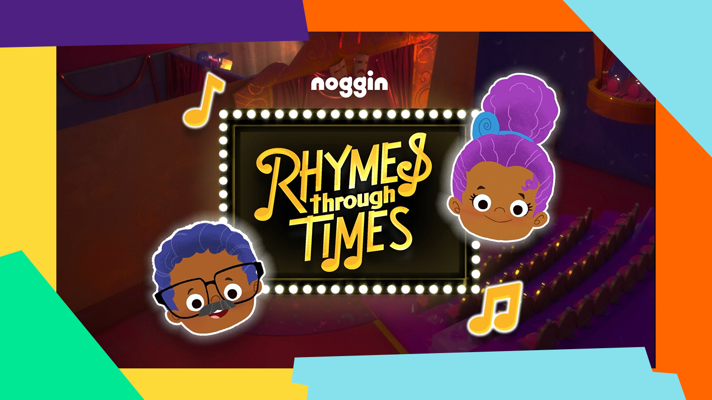 Title: Noggin Rhymes Through Times. Animated characters over a background of an empty theater.