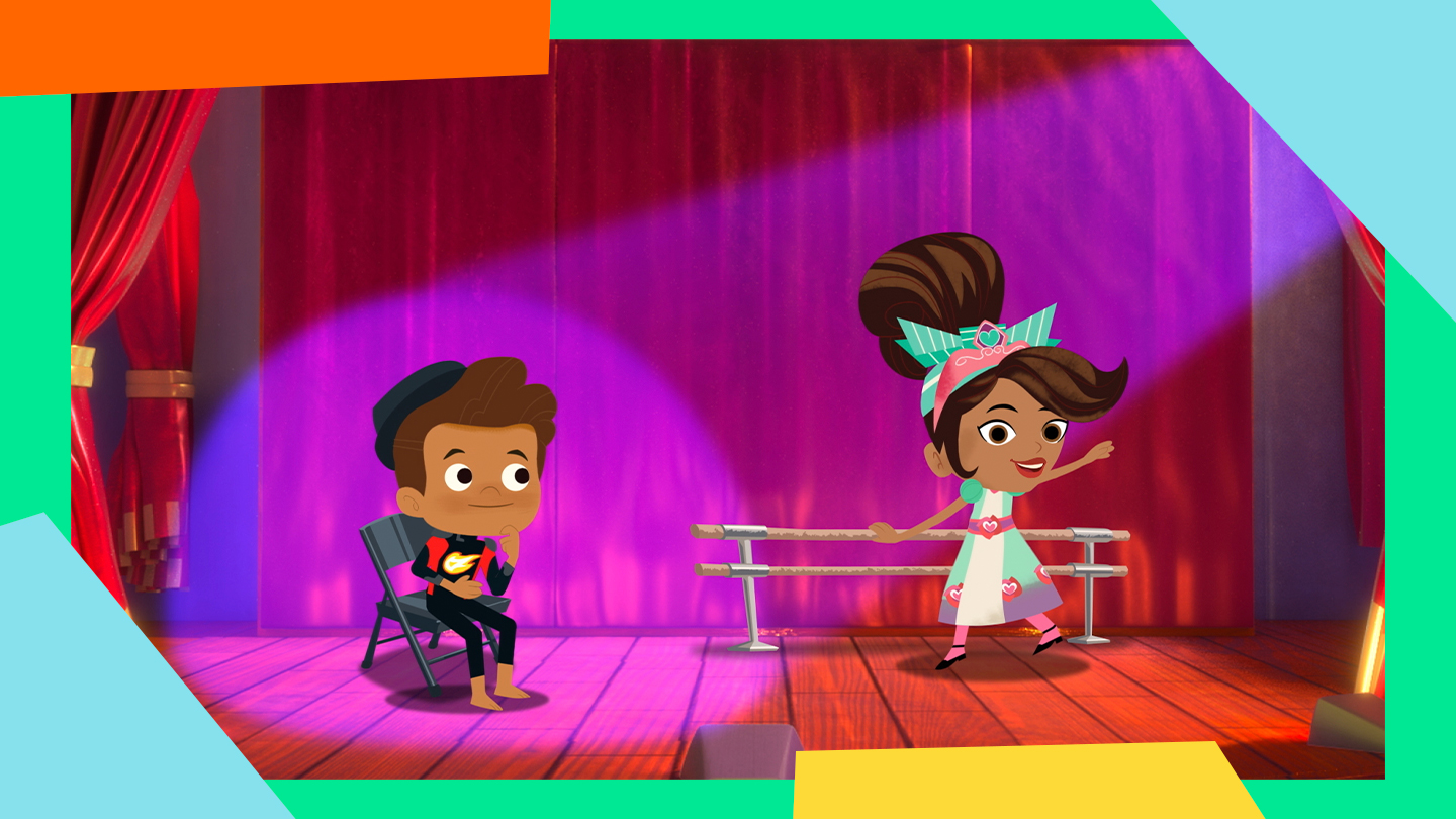 A young animated boy and girl, Katherine Dunham and Alvin Ailey, are spotlit on a stage as they dance.