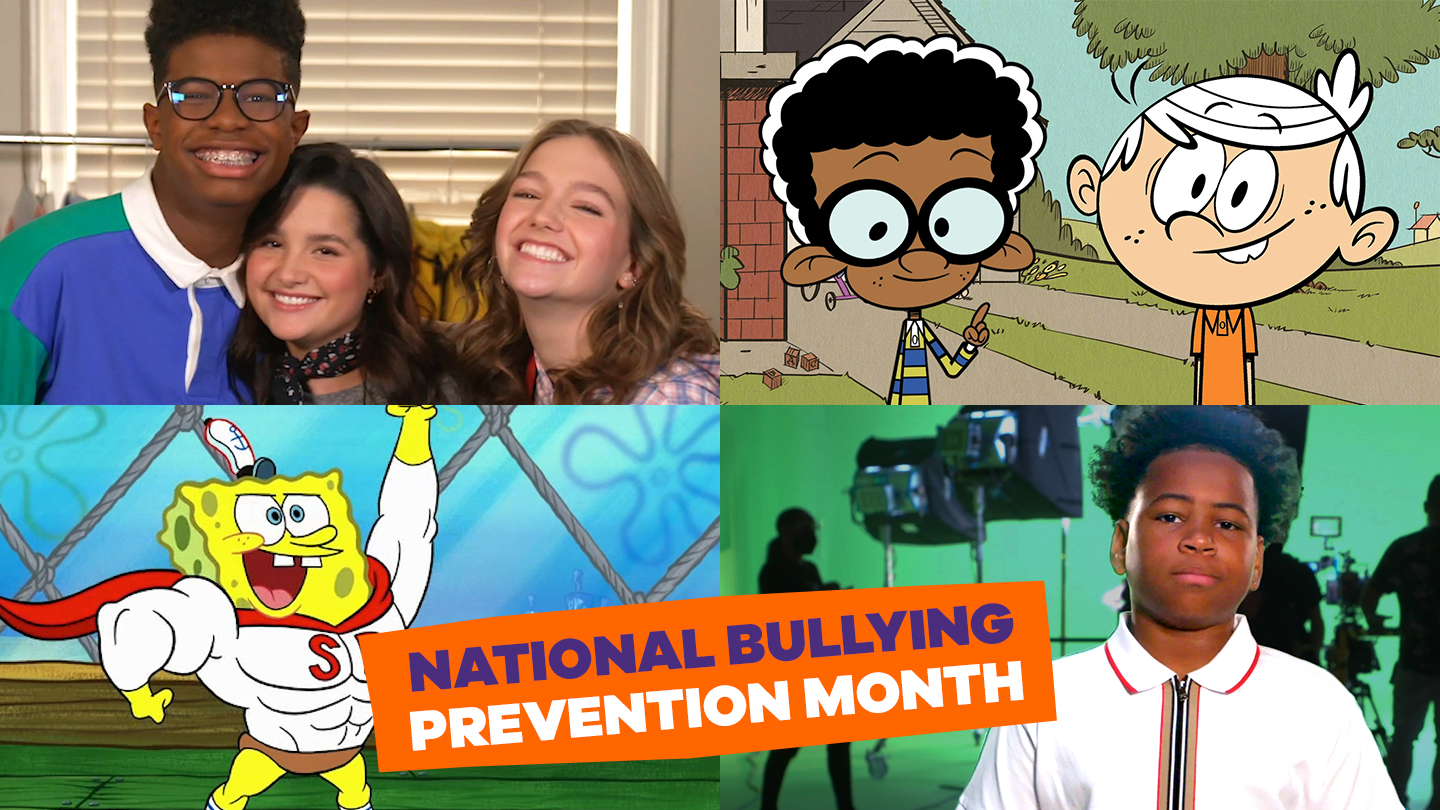 Split screen for National Bullying Prevention Month with characters from Side Hustle, Loud House, SpongeBob SquarePants and Young Dylan