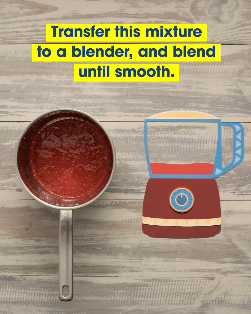 A saucepan full of a red mixture, next to an animation of a blender. Text: Transfer this mixture to a blender, and blend until smooth.