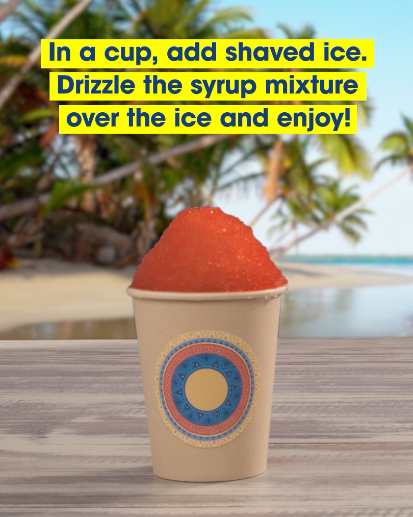 A cup of red Piragua, a Puerto Rican shaved ice dessert. Text: In a cup, add shaved ice. Drizzle the syrup mixture over the ice and enjoy!
