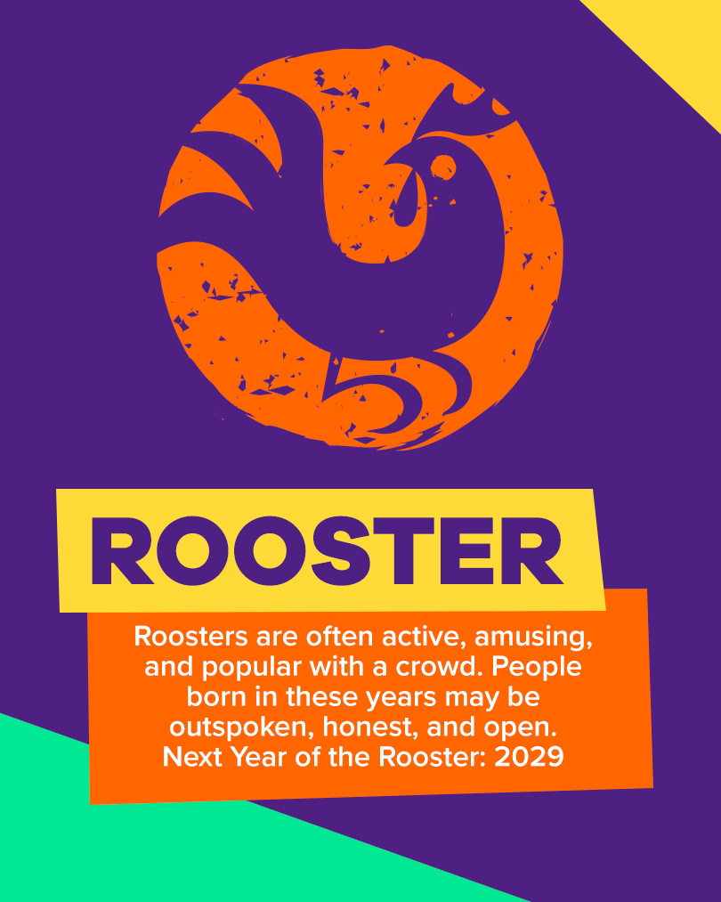 Icon of a rooster. Text: Roosters are often active, amusing, and popular with a crowd. People born in these years may be outspoken, honest, and open. Next year of the rooster: 2029