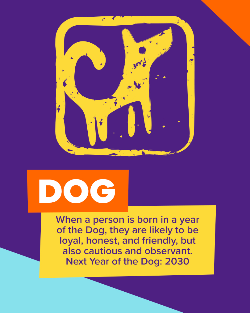 Icon of a dog. Text: when a person is born in a year of the dog, they are likely to be loyal, honest, and friendly, but also cautious and observant. Next year of the dog: 2030