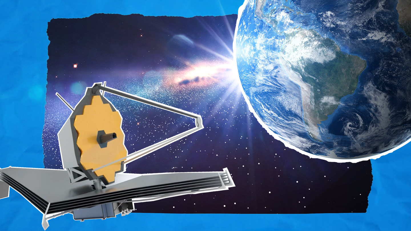 Image of satellite telescope next to images of space and the Earth
