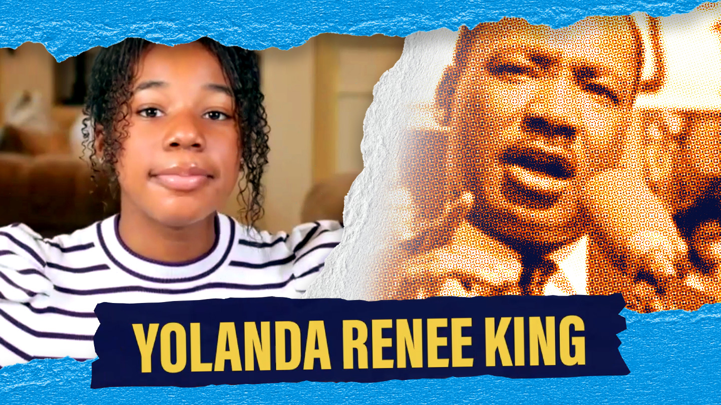 Text: Yolanda Renee King. A picture of Yolanda next to a picture of Reverend Doctor Martin Luther King, Jr.