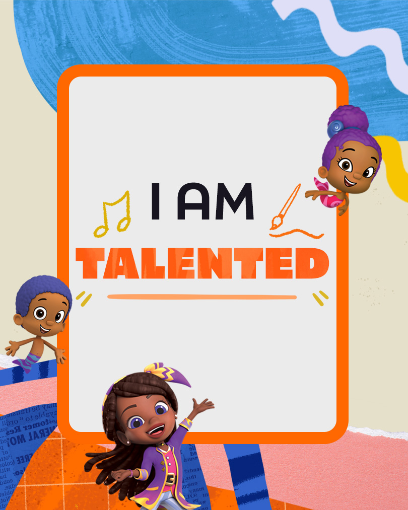 Bubble Guppies characters and Lorelai from Santiago of the Seas stand in front of a flash card that says I am talented
