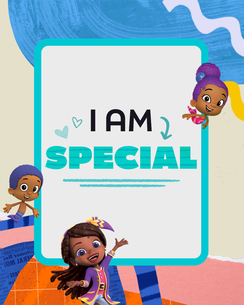 Bubble Guppies characters and Lorelai from Santiago of the Seas stand in front of a flash card that says I am special