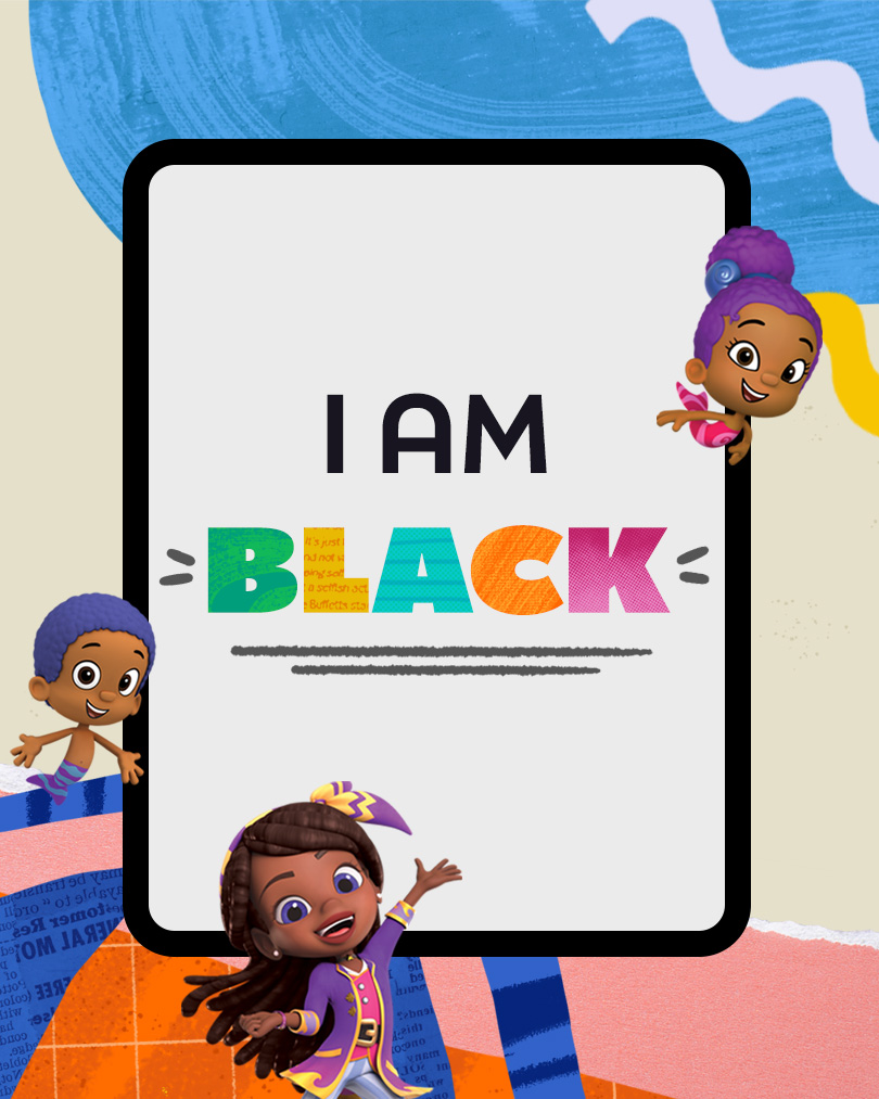 Bubble Guppies characters and Lorelai from Santiago of the Seas stand in front of a flash card that says I am black