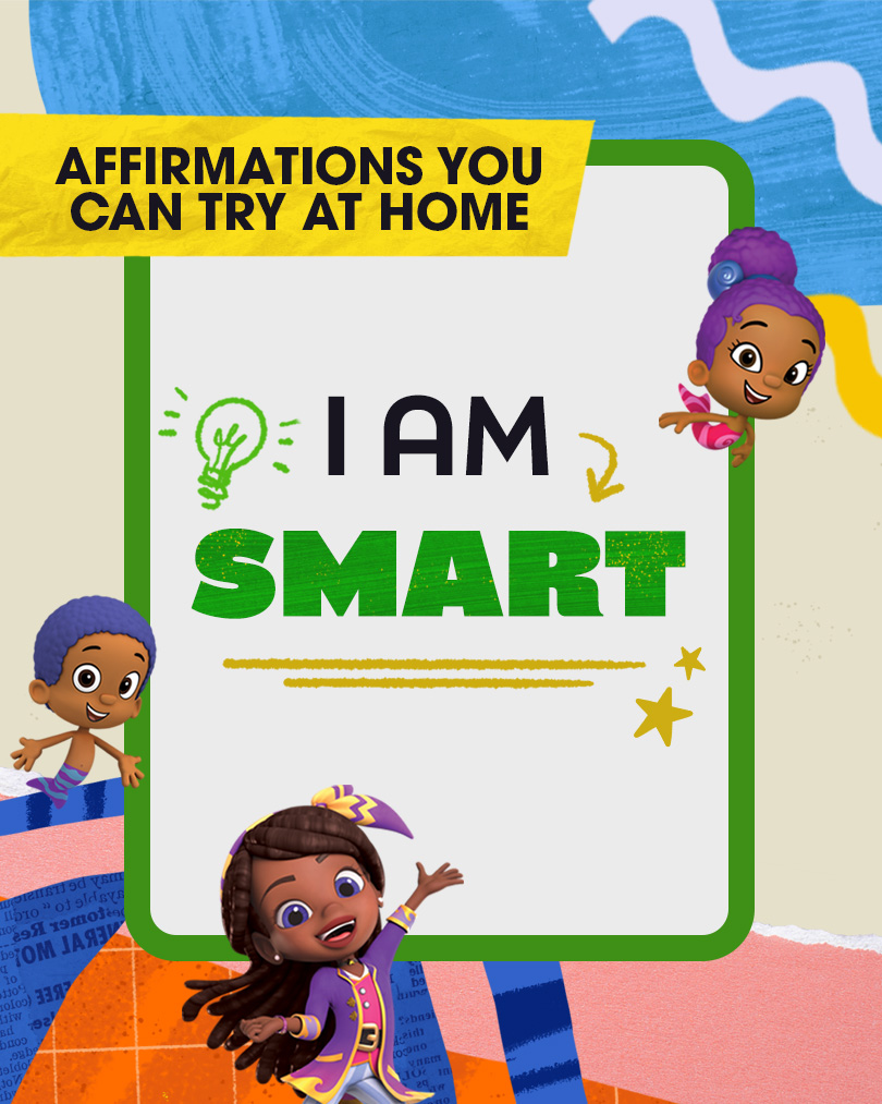 Bubble Guppies characters and Lorelai from Santiago of the Seas stand in front of a flash card that says I am smart