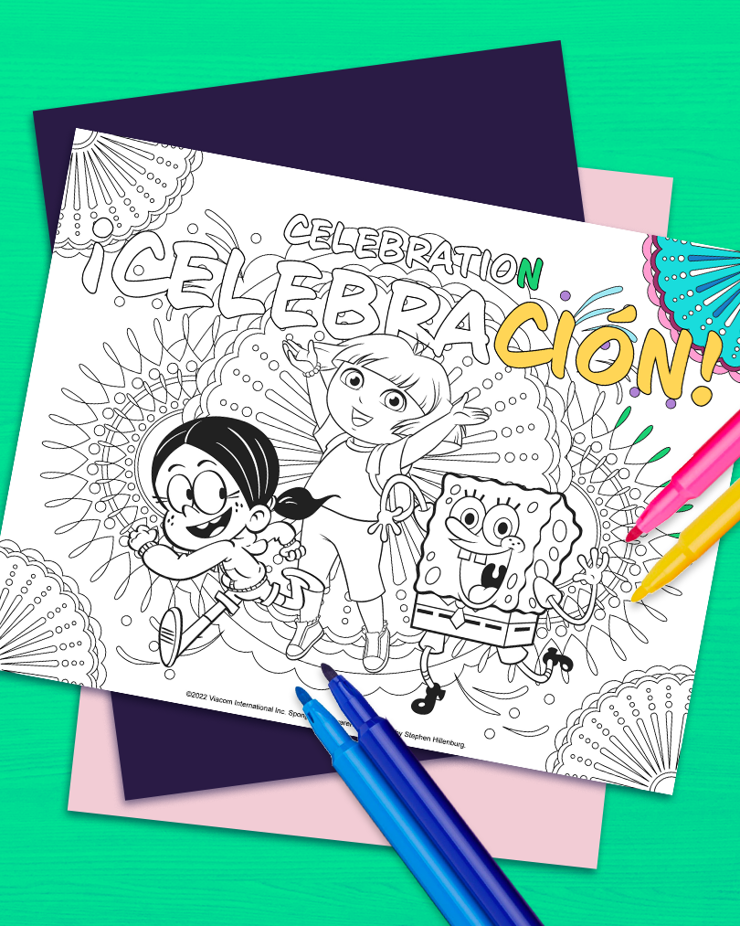 Celebration, Celebración coloring page pdf thumbnail with Dora, RonnieAnne Santiago and SpongeBob SquarePants