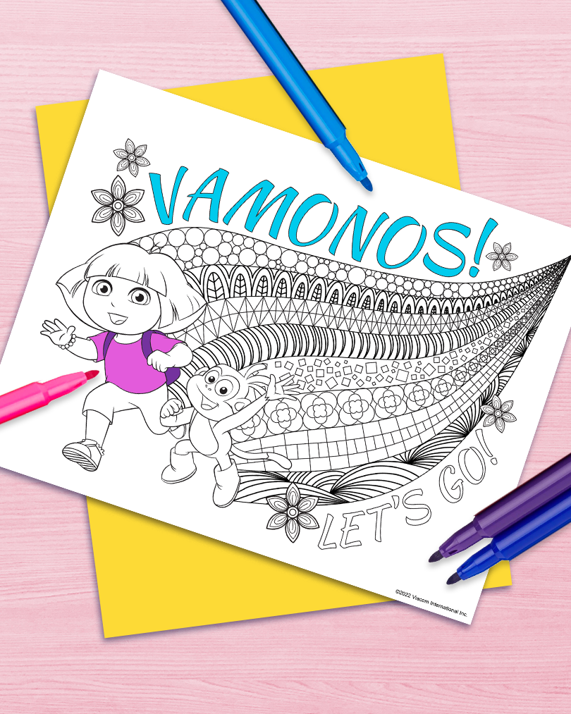 Vamonos! Let's Go! Coloring page PDF thumbnail with Dora and Boots