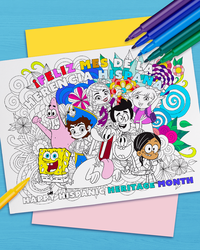 happy Hispanic Heritage Month! Coloring page with markers and nickelodeon characters pdf thumbnail
