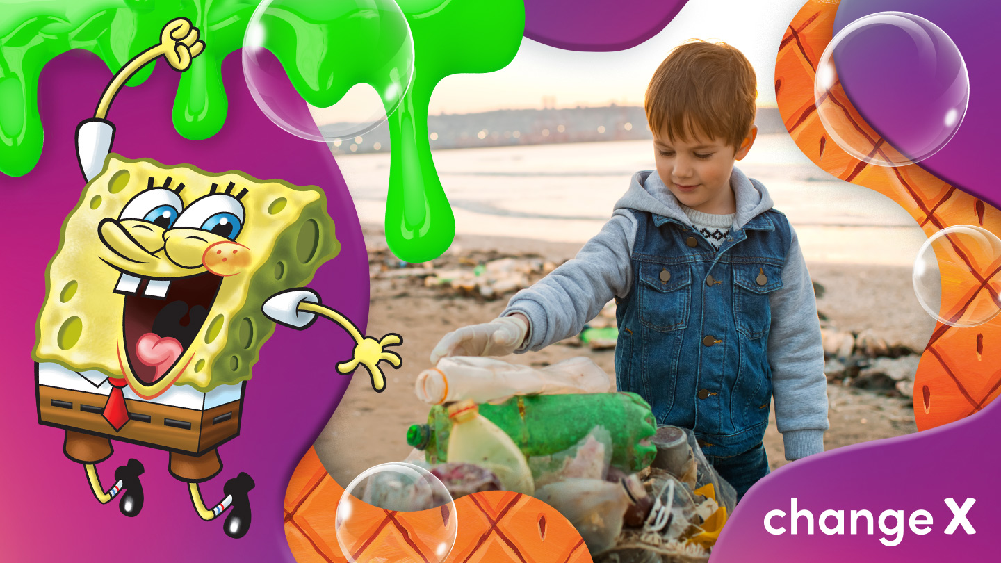 SpongeBob SquarePants and young boy on a beach with the changex logo
